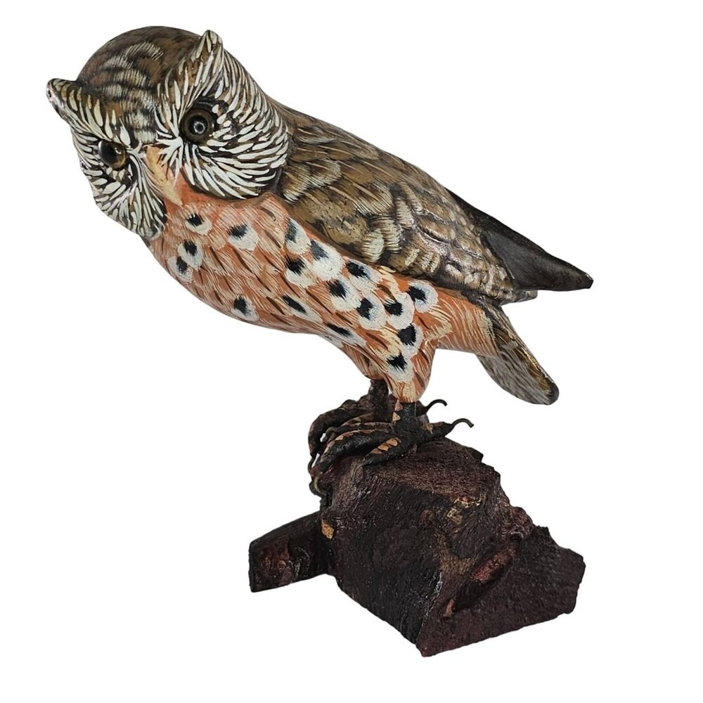 Vintage Ceramic Owl On Wood Base Figurine Hand Painted Folk Art